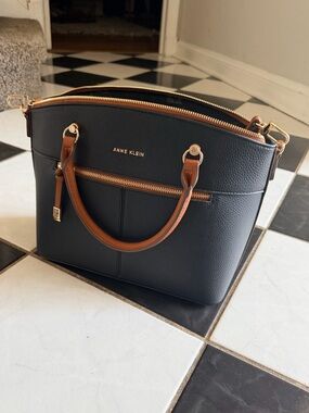 Anne Klein Black Satchel with Brown Handles and Gold Hardware